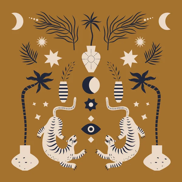 Illustrazione ornamentale di tigri in stile cinese in vettore. Luna concetto magico . — Vettoriale Stock