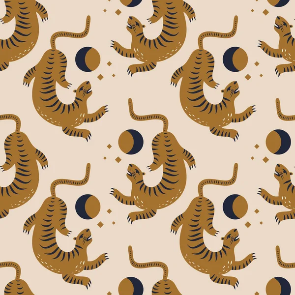 Tigres de estilo chinês ilustração ornamental em vetor. Padrão sem costura. Conceito mágico da lua . —  Vetores de Stock