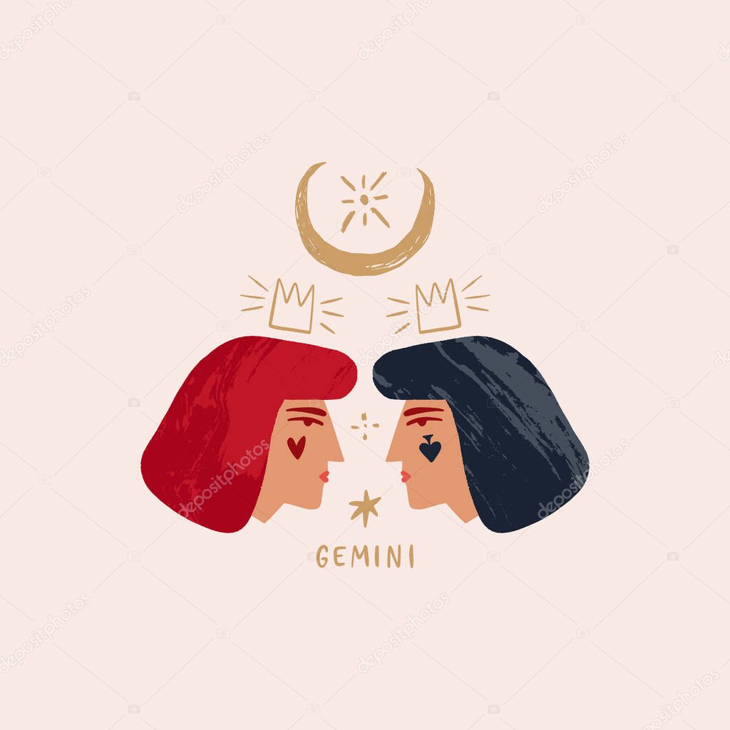 Zodiac girl Gemini characters. Space head sign. Vector illustration.