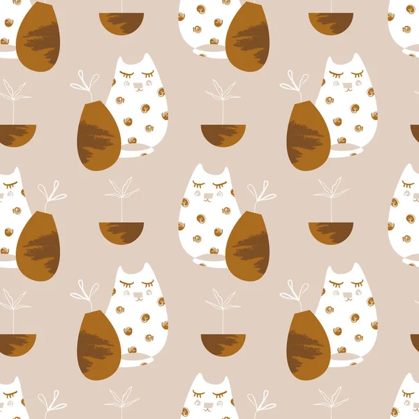 Patrón Sin Costuras Con Gato Plantas Papel Digital Vector Doodle — Archivo Imágenes Vectoriales