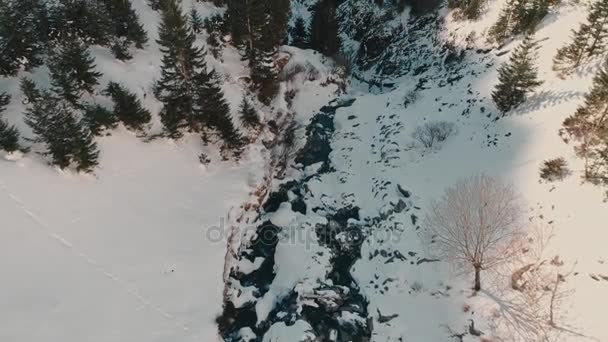 Εναέριο κηφήνα πυροβολισμό Arges ποταμό εκτελείται σε Fagaras βουνά καλυμμένα με χιόνι το χειμώνα — Αρχείο Βίντεο