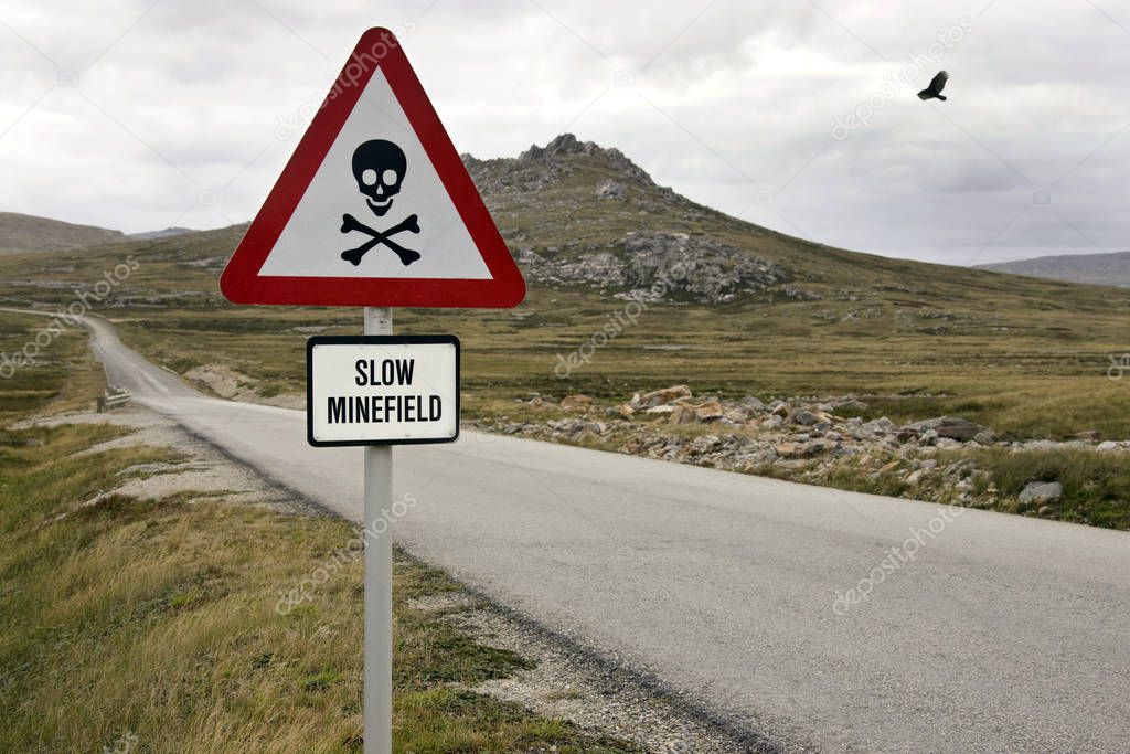 Minefield Sign near Port Stanley in the Falkland Islands