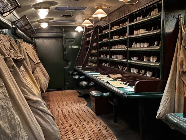 Interior of a vintage British Royal Mail train carriage — Stock Photo, Image