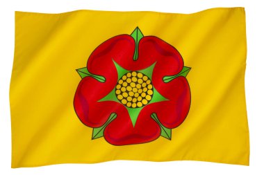İngiltere 'nin Lancashire ilçesinin bayrağı. Lancaster 'ın Kırmızı Gülü, Lancaster Hanesi' nin sembolüdür.,