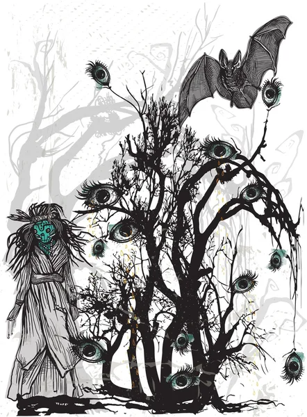 Un arbre à yeux. Affiche d'Halloween. Un vecteur dessiné à la main . — Image vectorielle