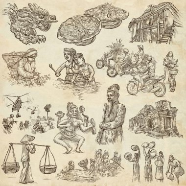 Vietnam. Hayat resimleri. Freehands, elle çizilmiş koleksiyonu.