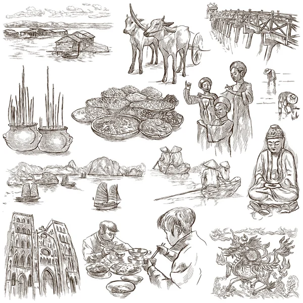 Vietnam. Pictures of Life. Freehands, hand drawn collection. — Stock Photo, Image