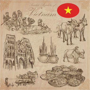Vietnam. Hayat resimleri. Vektör paketi. El çizimleri.