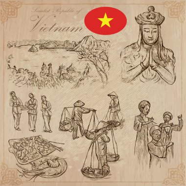 Vietnam. Hayat resimleri. Vektör paketi. El çizimleri.