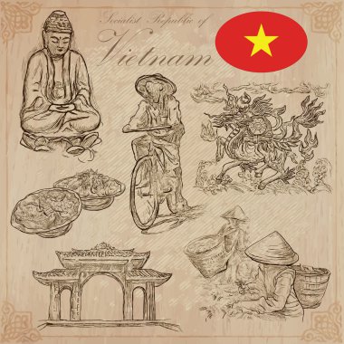 Vietnam. Hayat resimleri. Vektör paketi. El çizimleri.