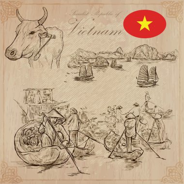 Vietnam. Hayat resimleri. Vektör paketi. El çizimleri.