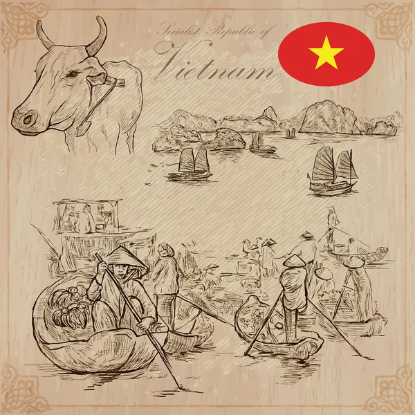 越南。生活的图景。矢量包。手绘. — 图库矢量图片