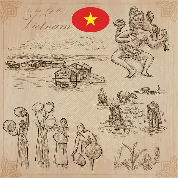 越南。生活的图景。矢量包。手绘. — 图库矢量图片