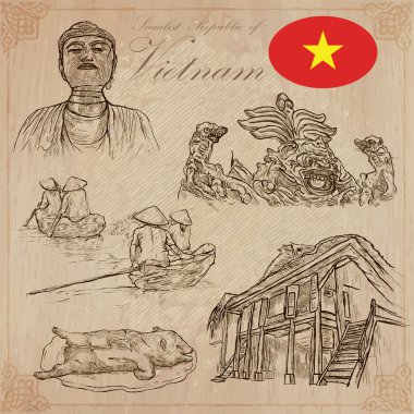 Vietnam. Hayat resimleri. Vektör paketi. El çizimleri.