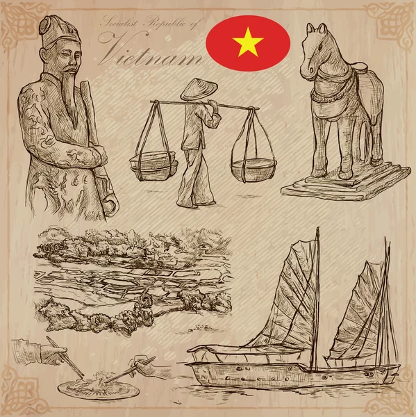 Vietnam. Images de la vie. Pack vectoriel. Dessins à main . — Image vectorielle