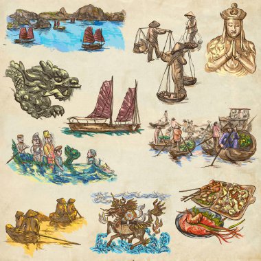 Vietnam. Hayat resimleri. Freehands, elle çizilmiş koleksiyonu.