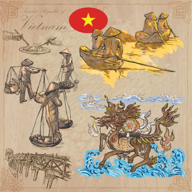 Vietnam. Hayat resimleri. Renkli vektör paketi. El çizimleri.