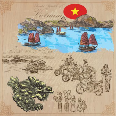 Vietnam. Hayat resimleri. Renkli vektör paketi. El çizimleri.