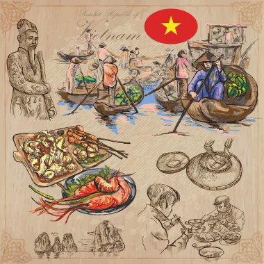 Vietnam. Hayat resimleri. Renkli vektör paketi. El çizimleri.