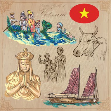 Vietnam. Hayat resimleri. Renkli vektör paketi. El çizimleri.