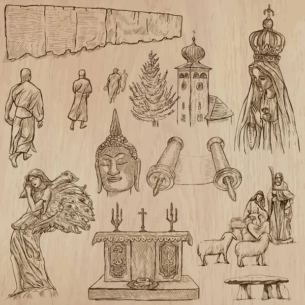 Religion around the World Vector set (en inglés). Colección dibujada a mano . — Archivo Imágenes Vectoriales