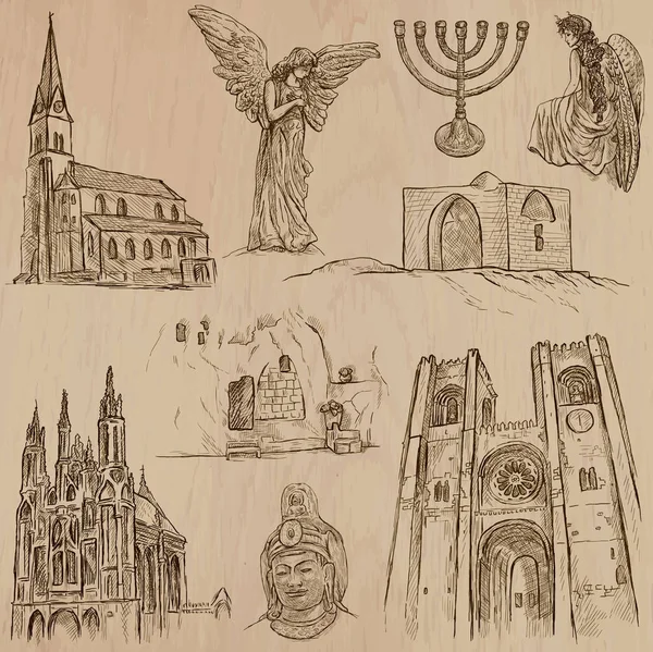 Religion around the World Vector set (en inglés). Colección dibujada a mano . — Archivo Imágenes Vectoriales
