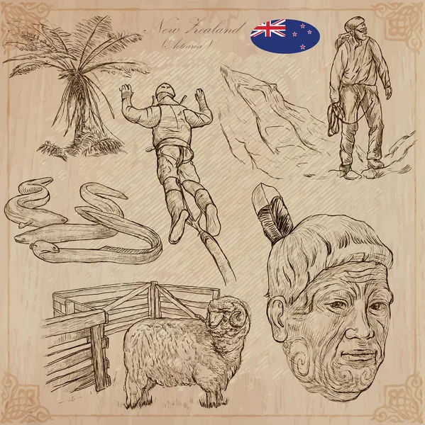 Selandia Baru. Gambar Kehidupan. Paket vektor. Gambar tangan  . Stok Ilustrasi Bebas Royalti