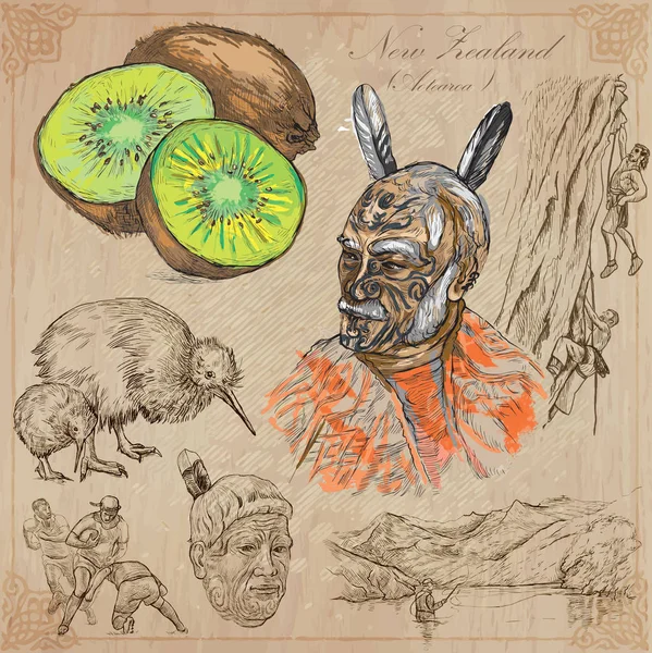 Selandia Baru. Gambar Kehidupan. Paket vektor. Gambar tangan  . Stok Vektor