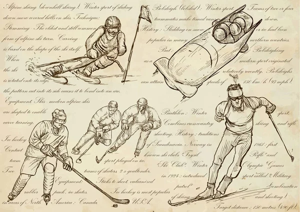 Sport invernali - Illustrazioni vettoriali disegnate a mano, line art — Vettoriale Stock