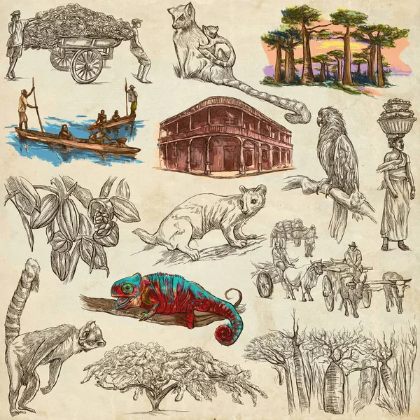 Madagascar - Pictures of life. Travel. Full sized hand drawings, — Stock Photo, Image