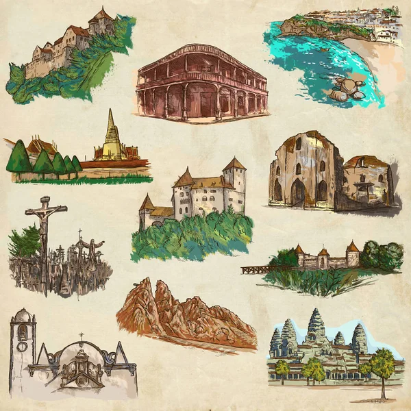 手绘包-世界各地的建筑 — 图库照片
