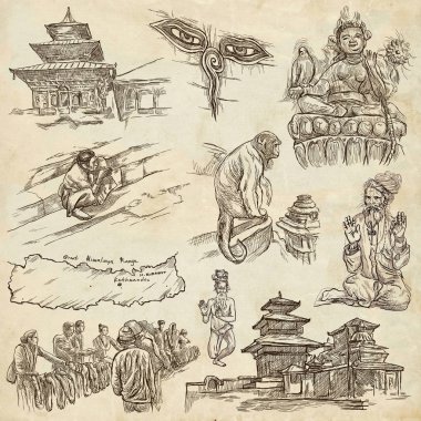 Nepal - hayat resimleri. Seyahat. Tam ölçekli el çizimleri, ORJ