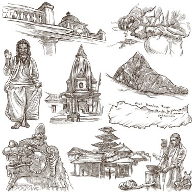 Nepal - hayat resimleri. Seyahat. Tam ölçekli el çizimleri, ORJ