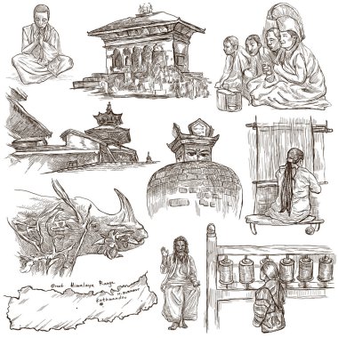 Nepal - hayat resimleri. Seyahat. Tam ölçekli el çizimleri, ORJ