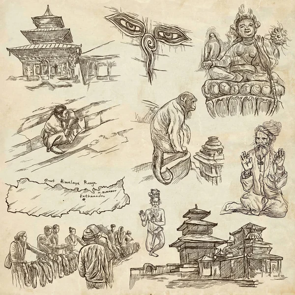 尼泊尔-生活的图景。旅行。全尺寸 orig 手绘图 — 图库照片
