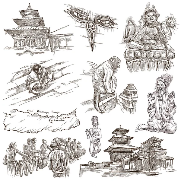 Nepal - Pictures of life. Travel. Full sized hand drawings, orig — Stock Photo, Image