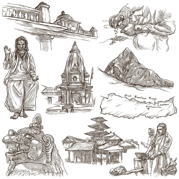 Νεπάλ - εικόνες της ζωής. Ταξίδια. Πλήρους μεγέθους χέρι σχέδια, αρχικ — Φωτογραφία Αρχείου