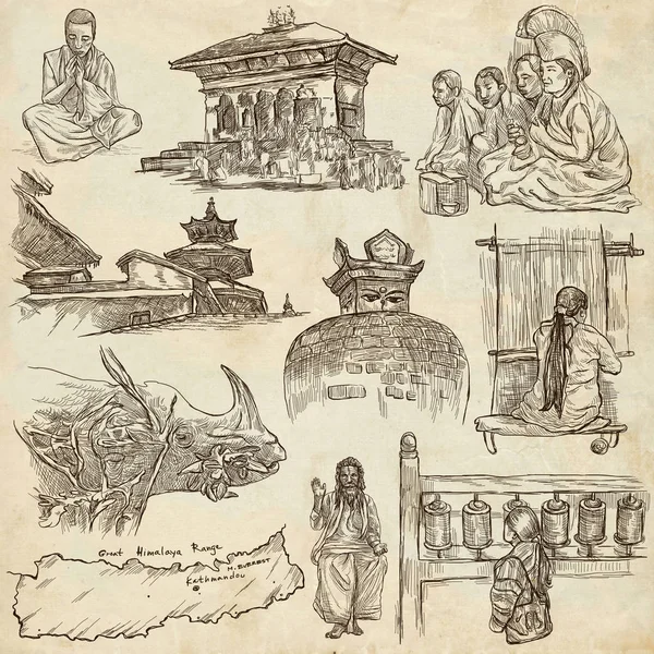 Nepal - Pictures of life. Travel. Full sized hand drawings, orig — Stock Photo, Image