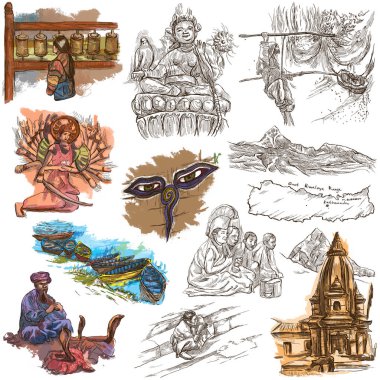 Nepal - hayat resimleri. Seyahat. Tam ölçekli el çizimleri, ORJ