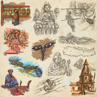 Nepal - hayat resimleri. Seyahat. Tam ölçekli el çizimleri, ORJ