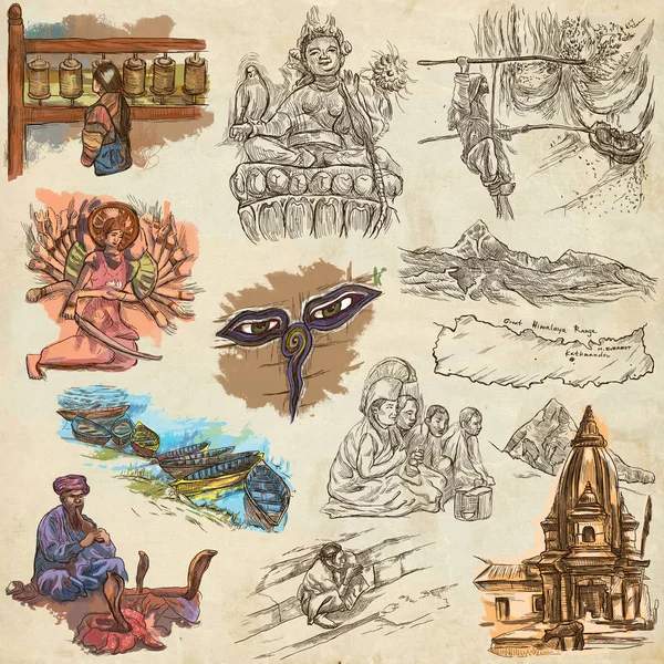 Nepal - Fotos da vida. Viajar. Desenhos à mão de tamanho completo, orig — Fotografia de Stock