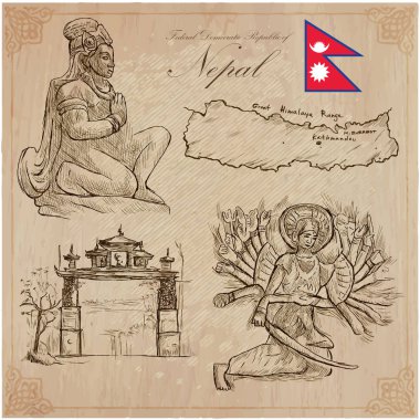 Nepal - hayat resimleri. Seyahat. Vektör toplama. El drawin