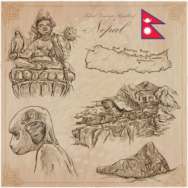 Nepal - hayat resimleri. Seyahat. Vektör toplama. El drawin
