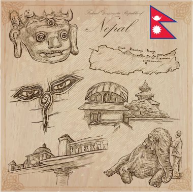 Nepal - hayat resimleri. Seyahat. Vektör toplama. El drawin