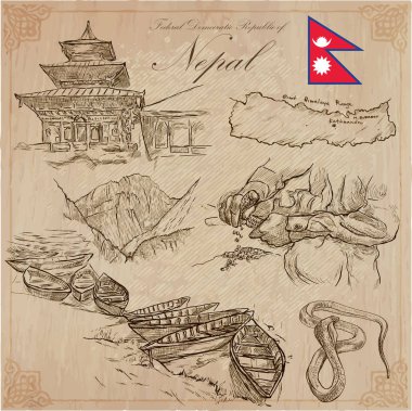 Nepal - hayat resimleri. Seyahat. Vektör toplama. El drawin