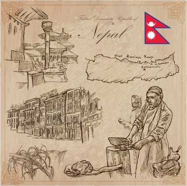 Nepal - hayat resimleri. Seyahat. Vektör toplama. El drawin