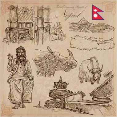 Nepal - hayat resimleri. Seyahat. Vektör toplama. El drawin