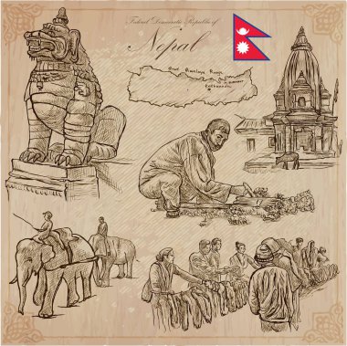 Nepal - hayat resimleri. Seyahat. Vektör toplama. El drawin
