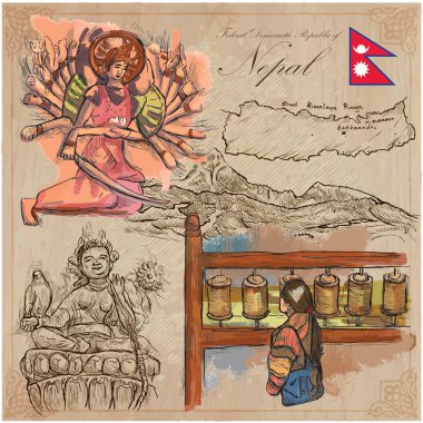 Nepal - hayat resimleri. Seyahat. Vektör toplama. El drawin