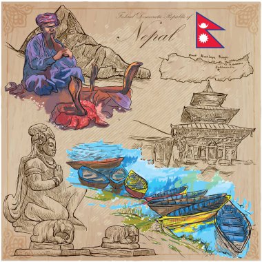 Nepal - hayat resimleri. Seyahat. Vektör toplama. El drawin